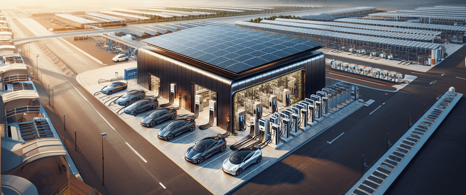 Solar-powered EV charging hub at sunrise