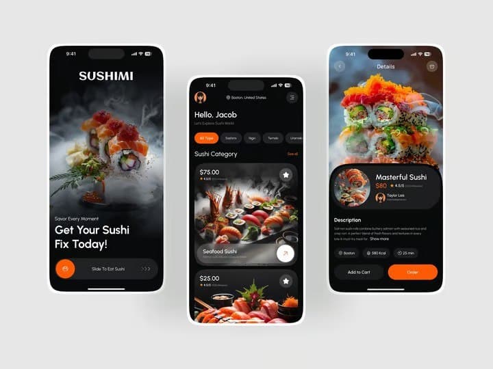 Sushi mobile app UI mockups showing splash, menu discovery, and product detail screens